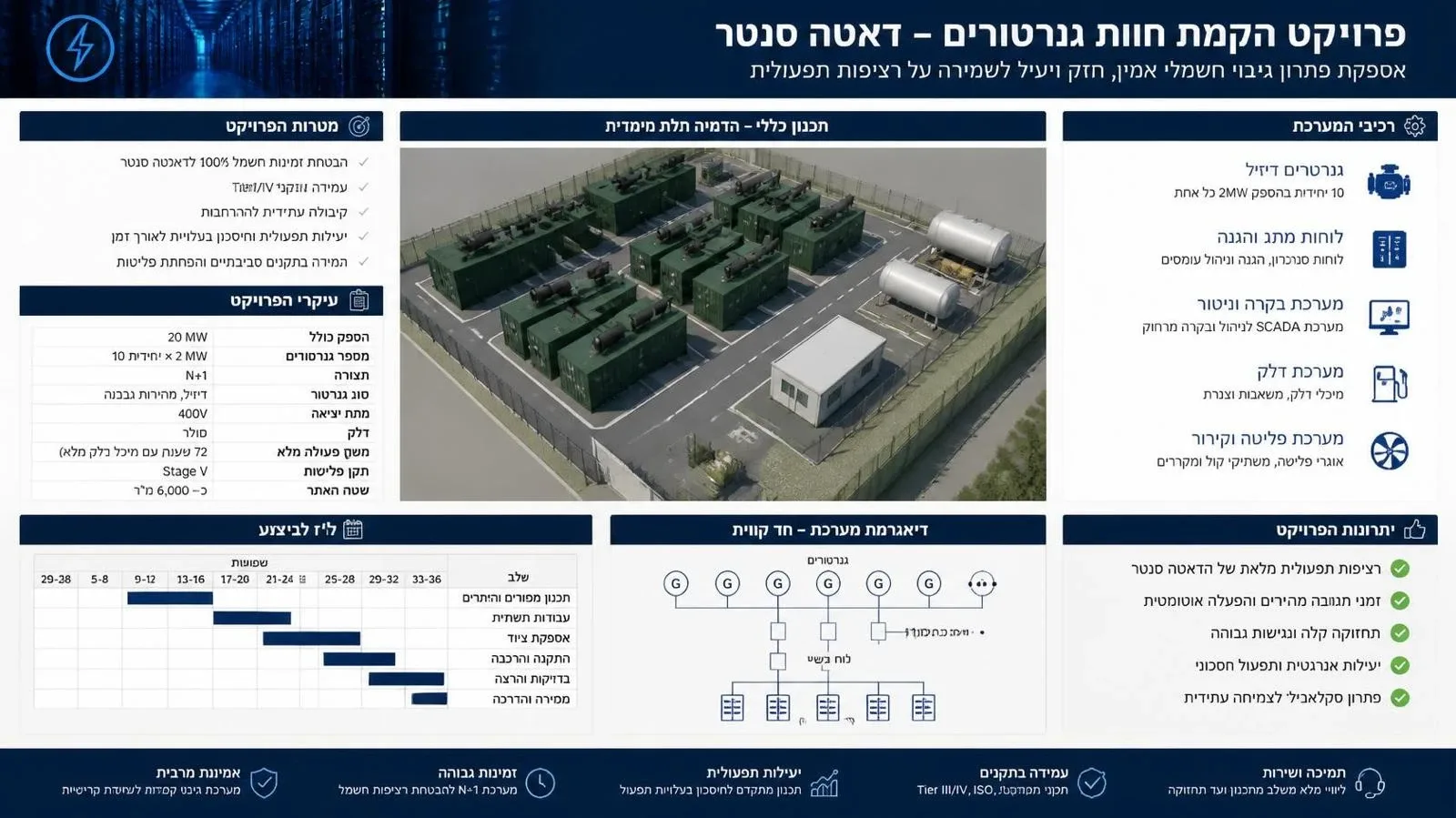 הדמיית תכנון של גנרטורי חירום לחוות שרתים עם מיכלי דלק
