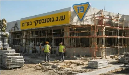 מבנה שירות של תחנת דלק בשלב בנייה עם פיגומים