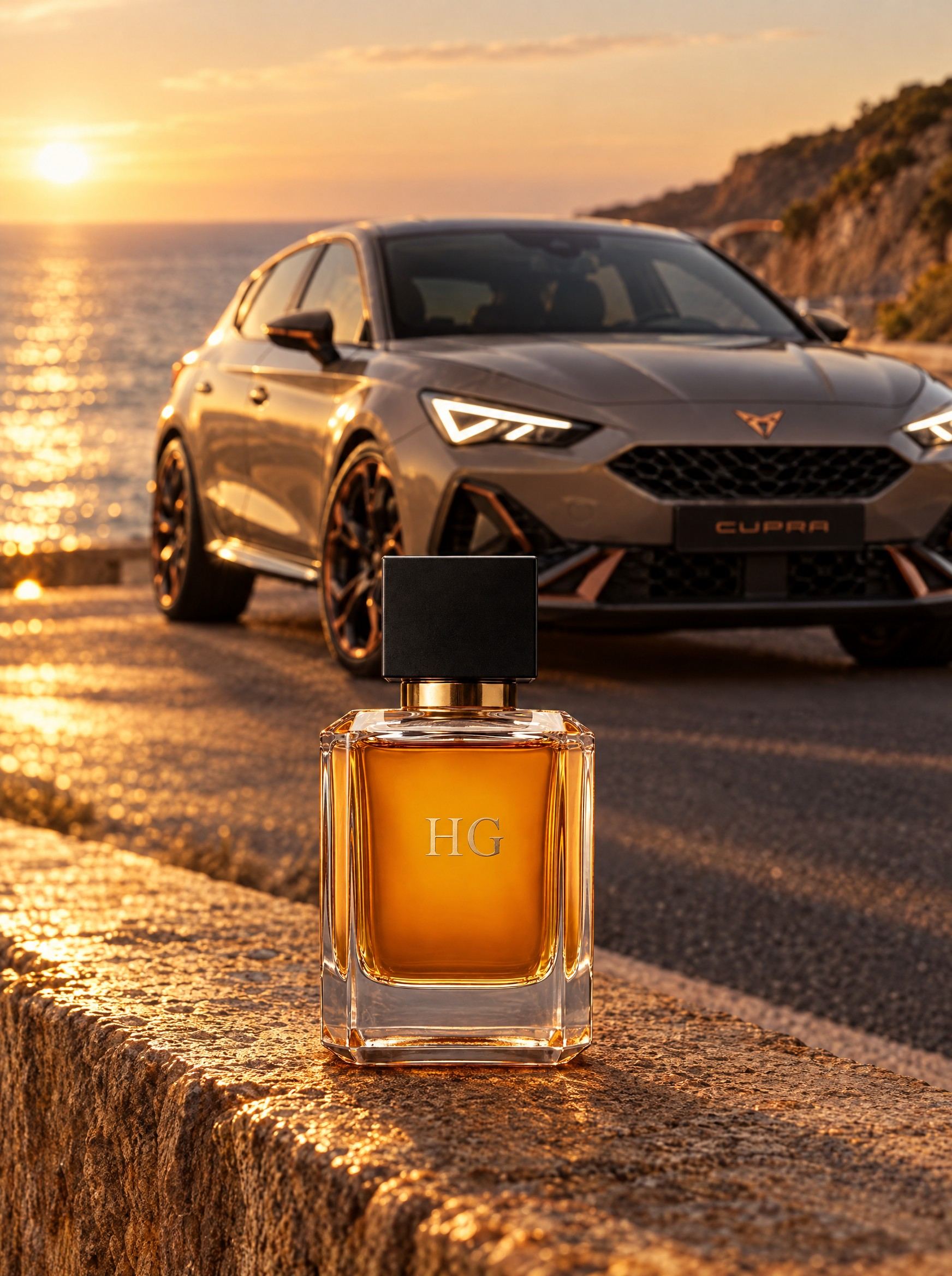 Unforgettable on the stone kerb of a coastal road at golden hour, a grey-beige CUPRA Leon behind it