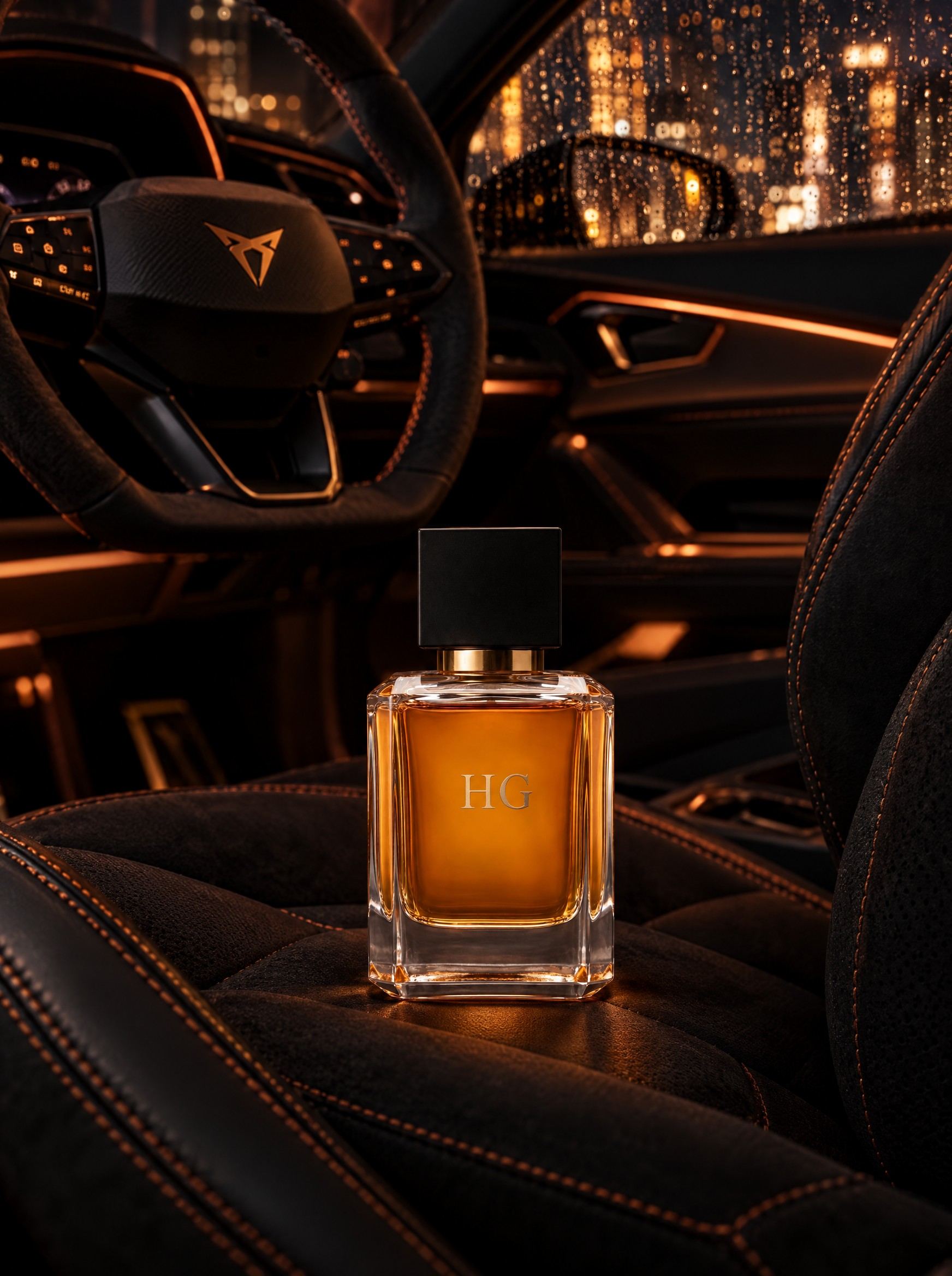 Unforgettable on the copper-stitched seat of a CUPRA Leon at night, rain and city lights on the window