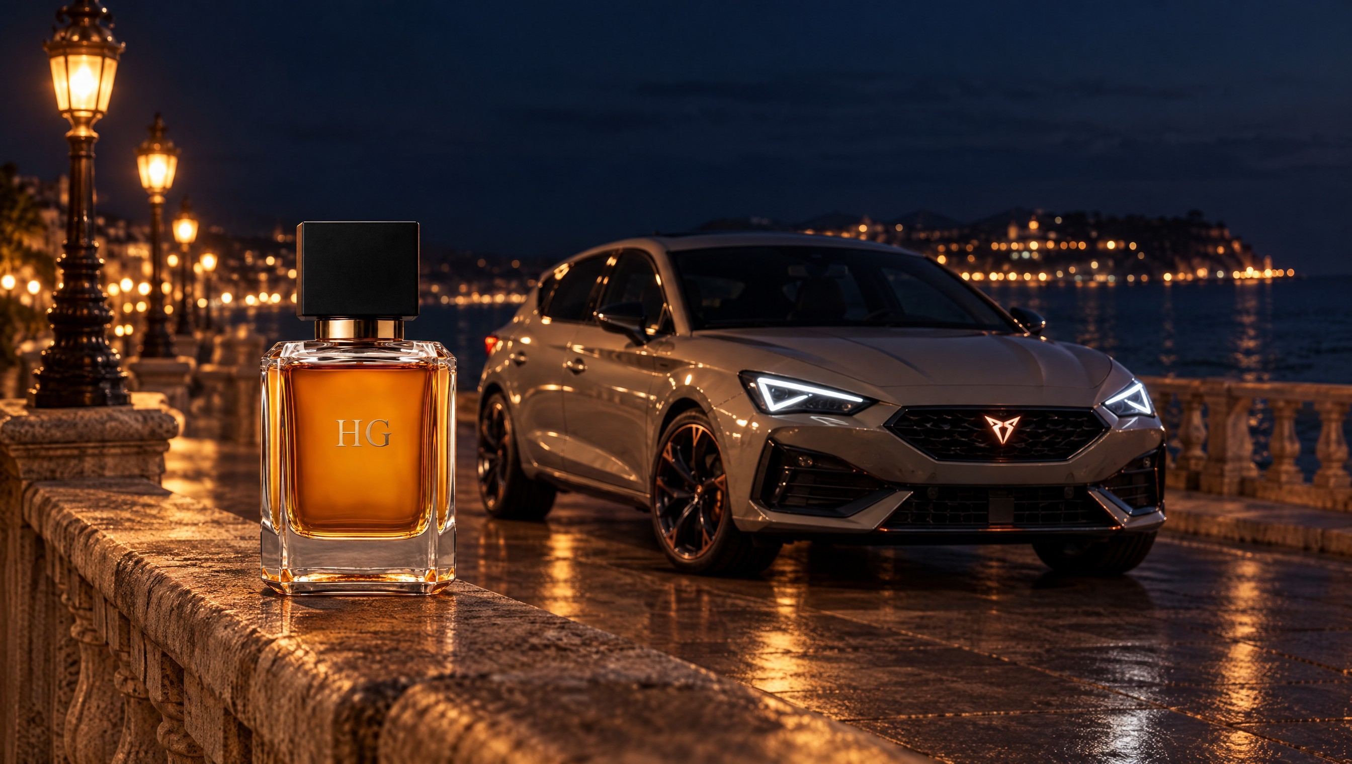 Unforgettable on the balustrade of a seafront promenade at night, the CUPRA Leon parked under the iron lamps behind