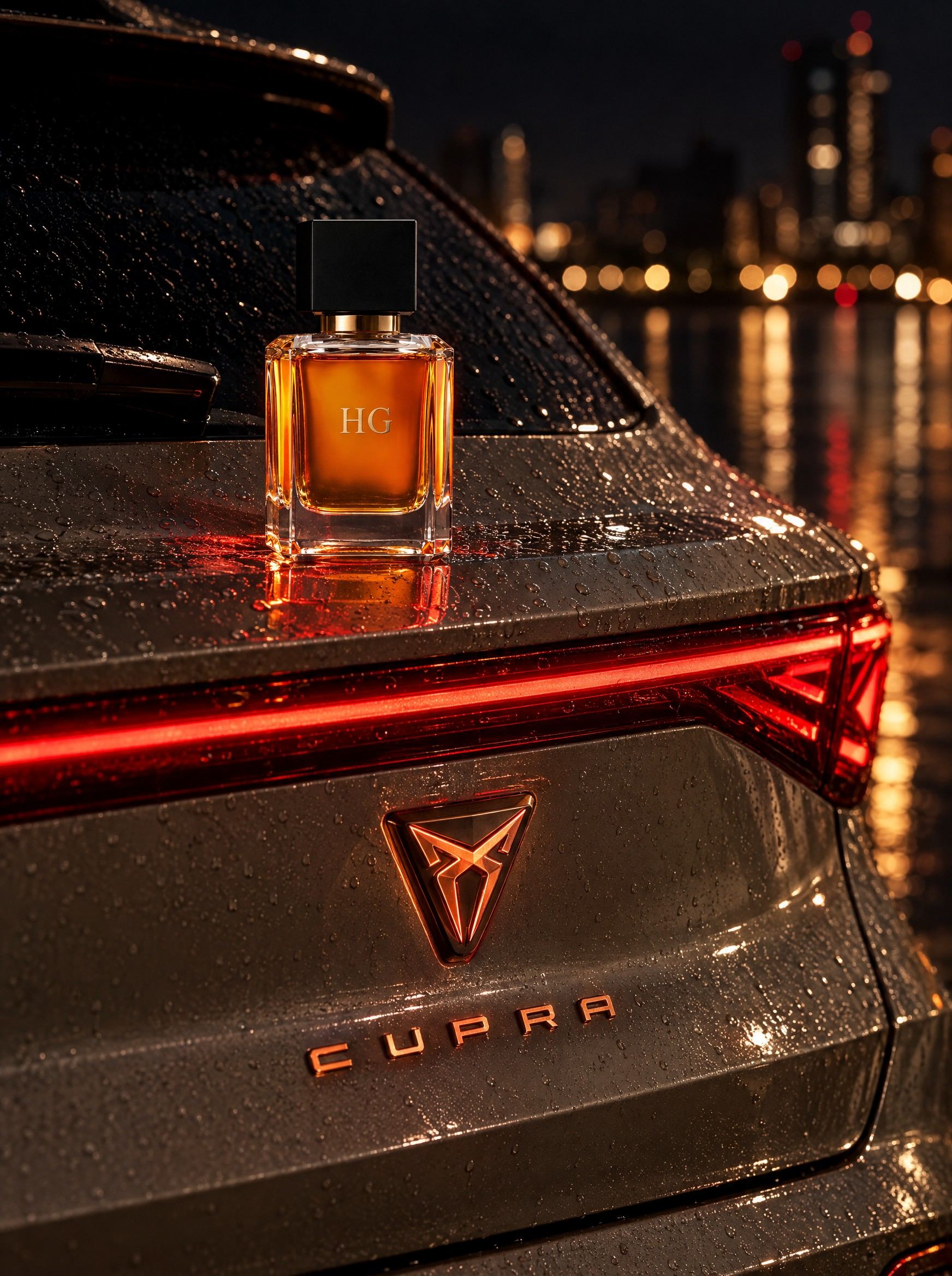 Unforgettable on the wet tailgate of the CUPRA Leon, beside the glowing red light bar and copper logo
