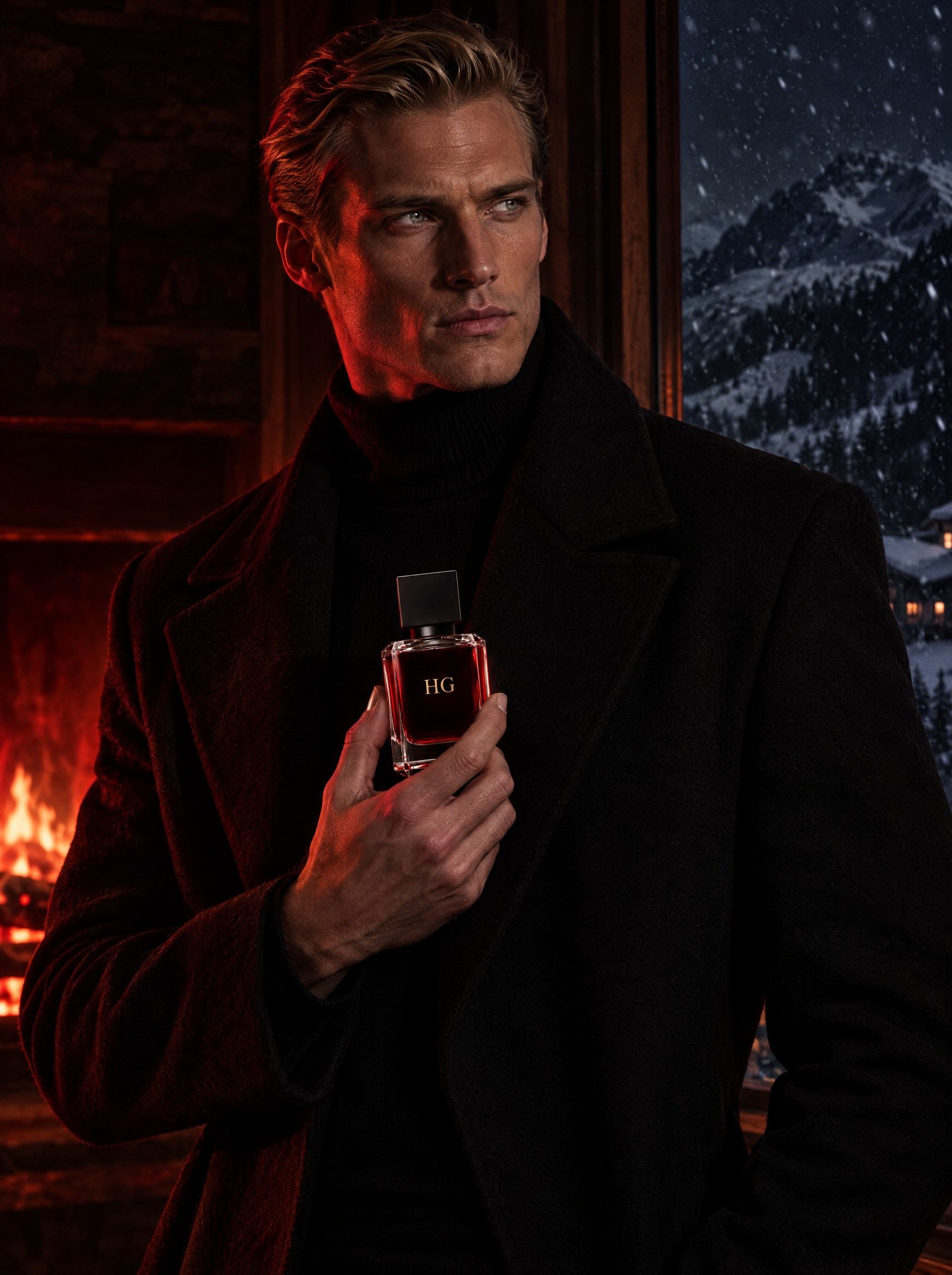 In a long black coat by a mountain window, a fire behind him, a man holds Nocturne at his chest