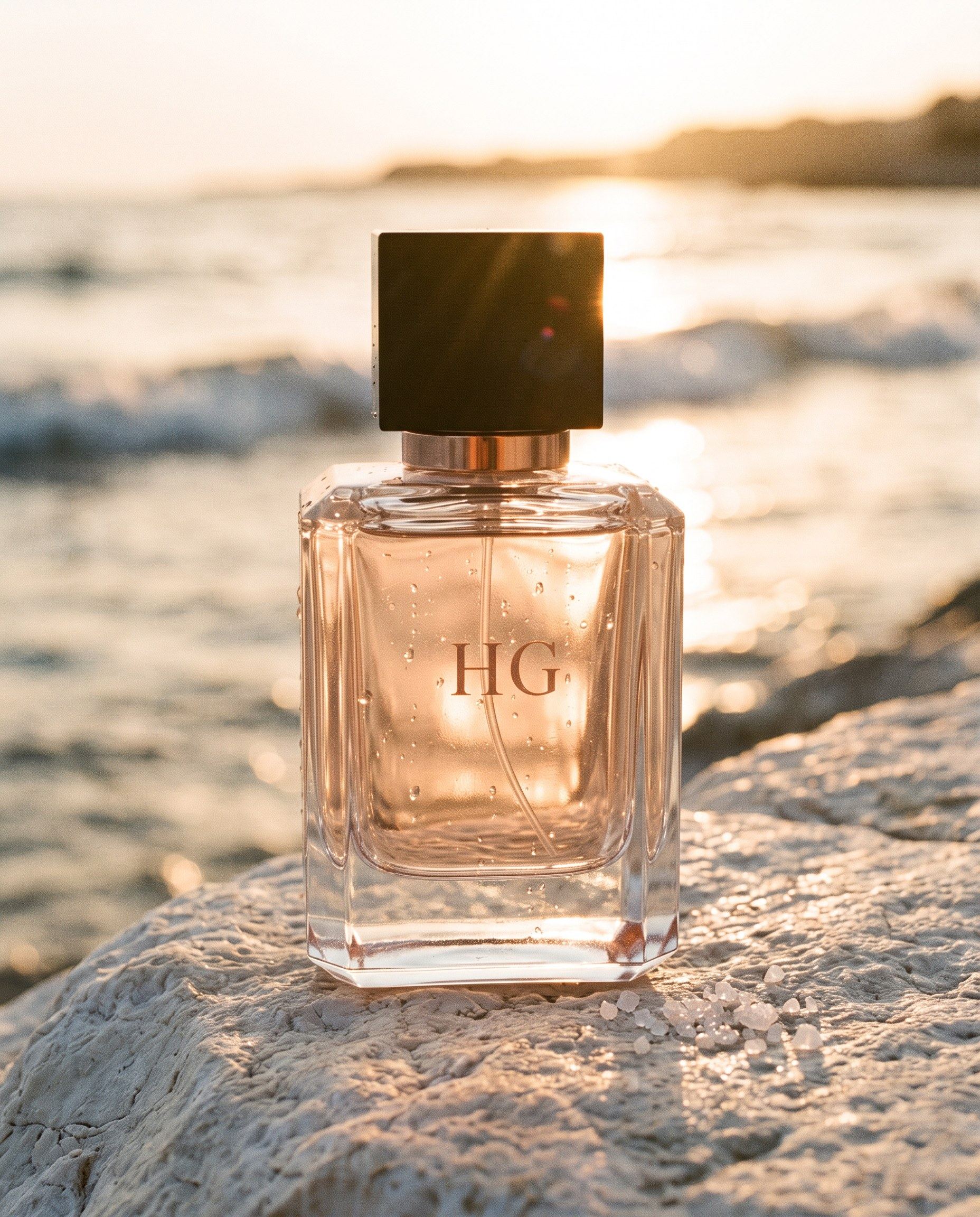 The Last Light bottle on a sun-bleached rock by the sea at golden hour, sea spray on the glass