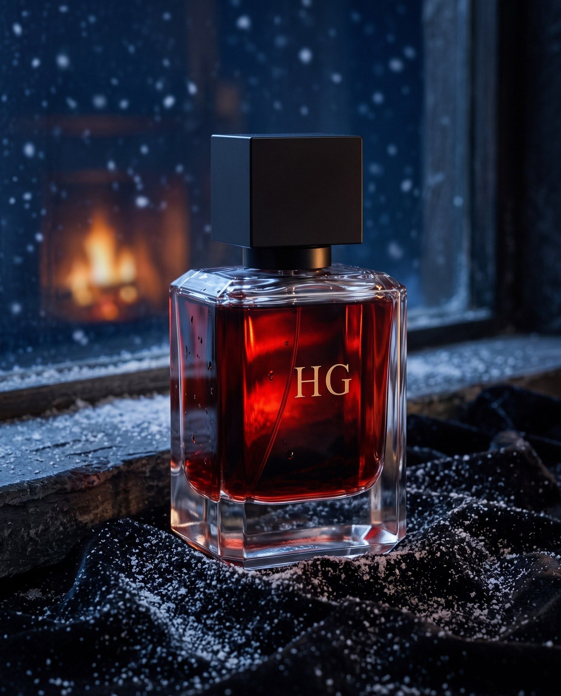 The Nocturne bottle on black velvet dusted with snow, a snowy window behind