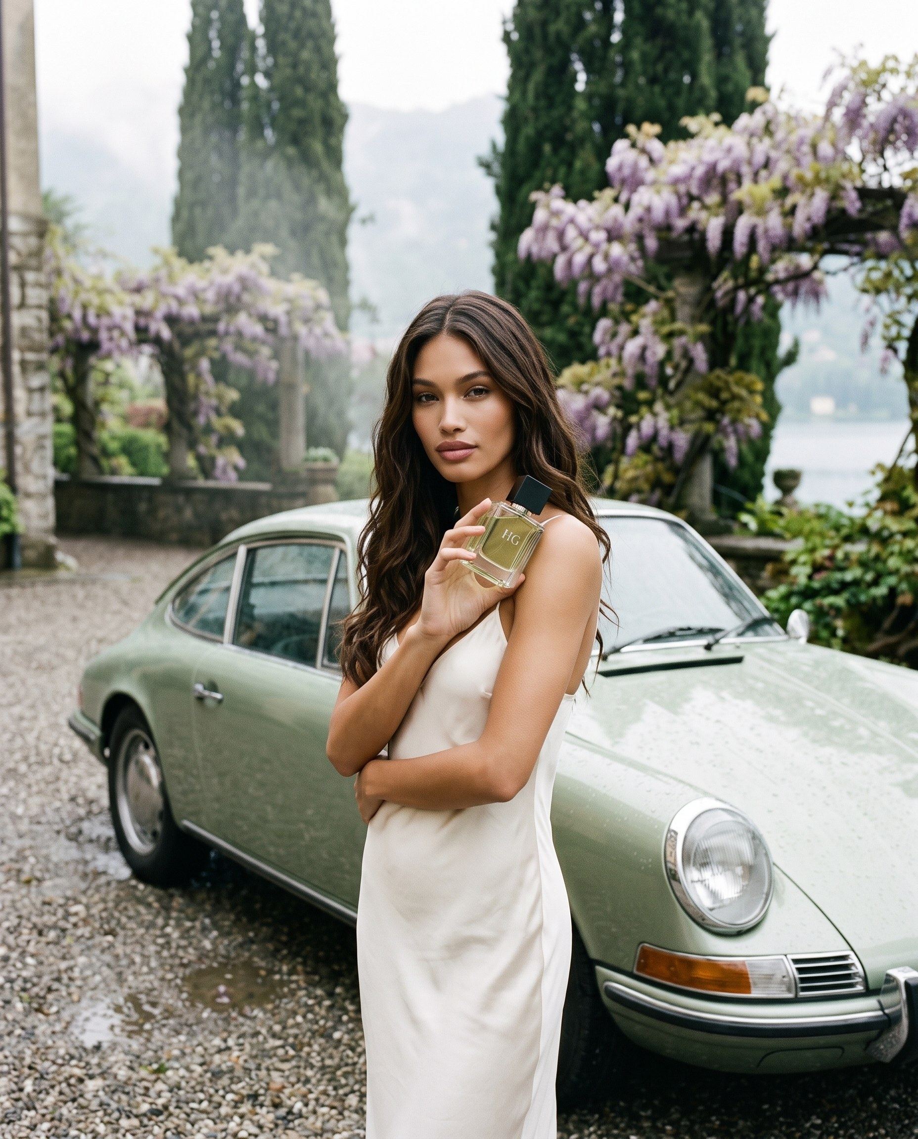 A woman in an ivory silk dress beside a pale sage-green classic coupe at a lakeside villa, holding Open Window