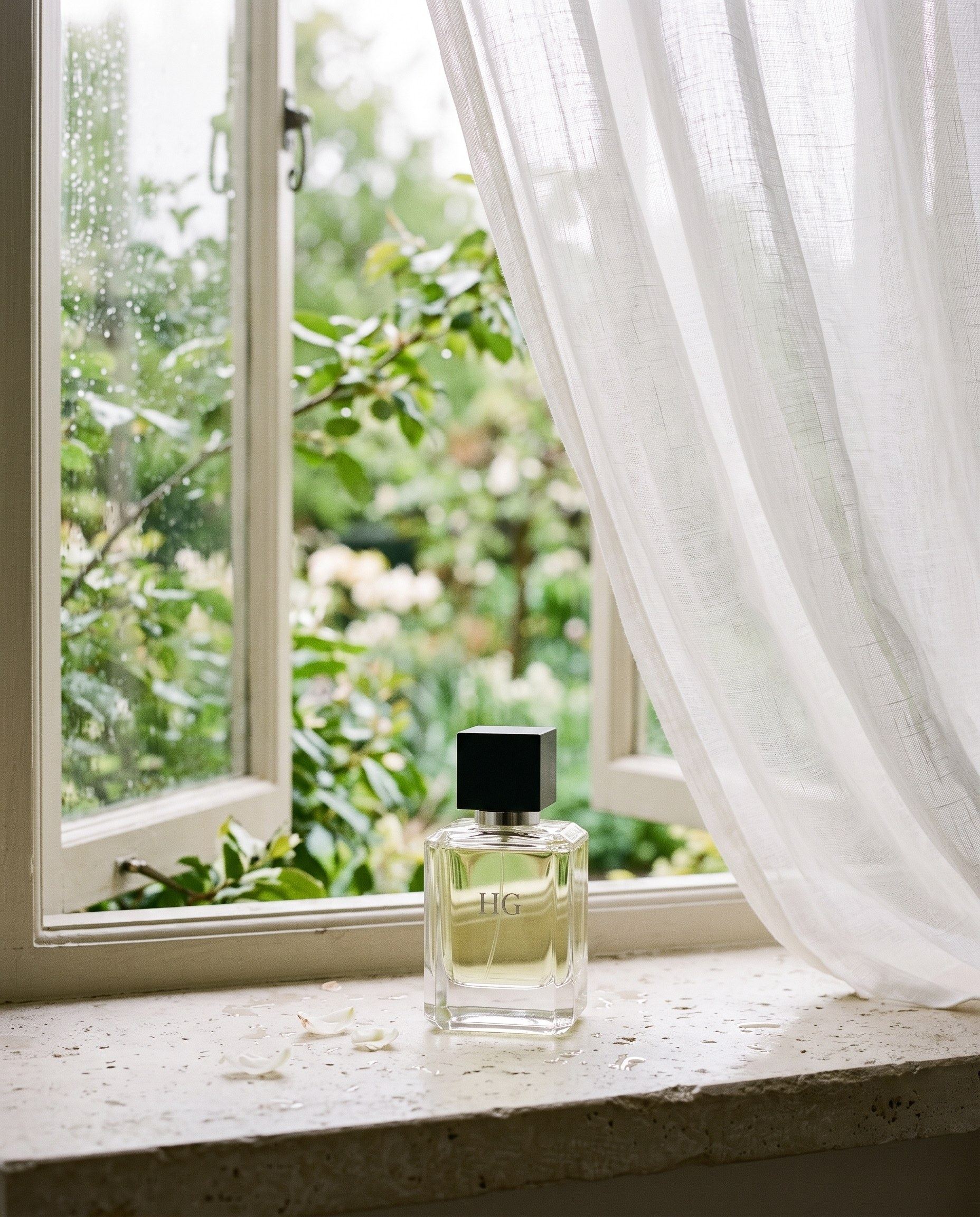 The Open Window bottle on a limestone sill of an open window, a rain-washed garden and a lifting linen curtain
