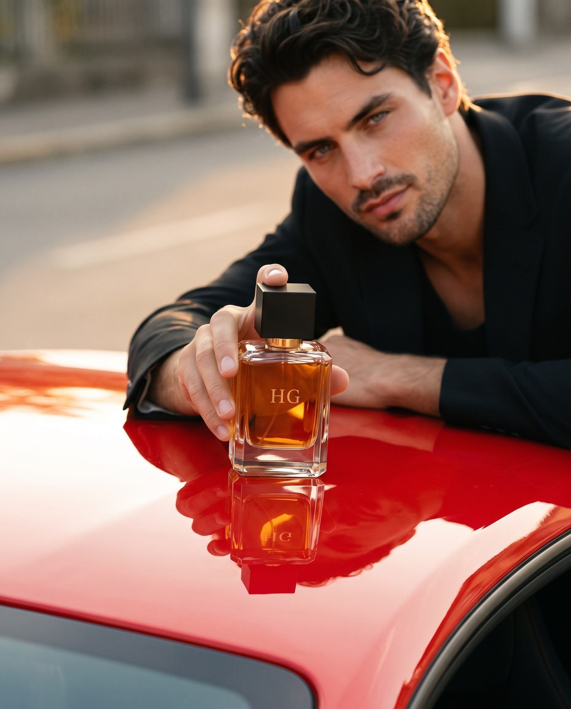 His hand sets the Unforgettable bottle on the glossy red roof of the car, the bottle reflected in the paint