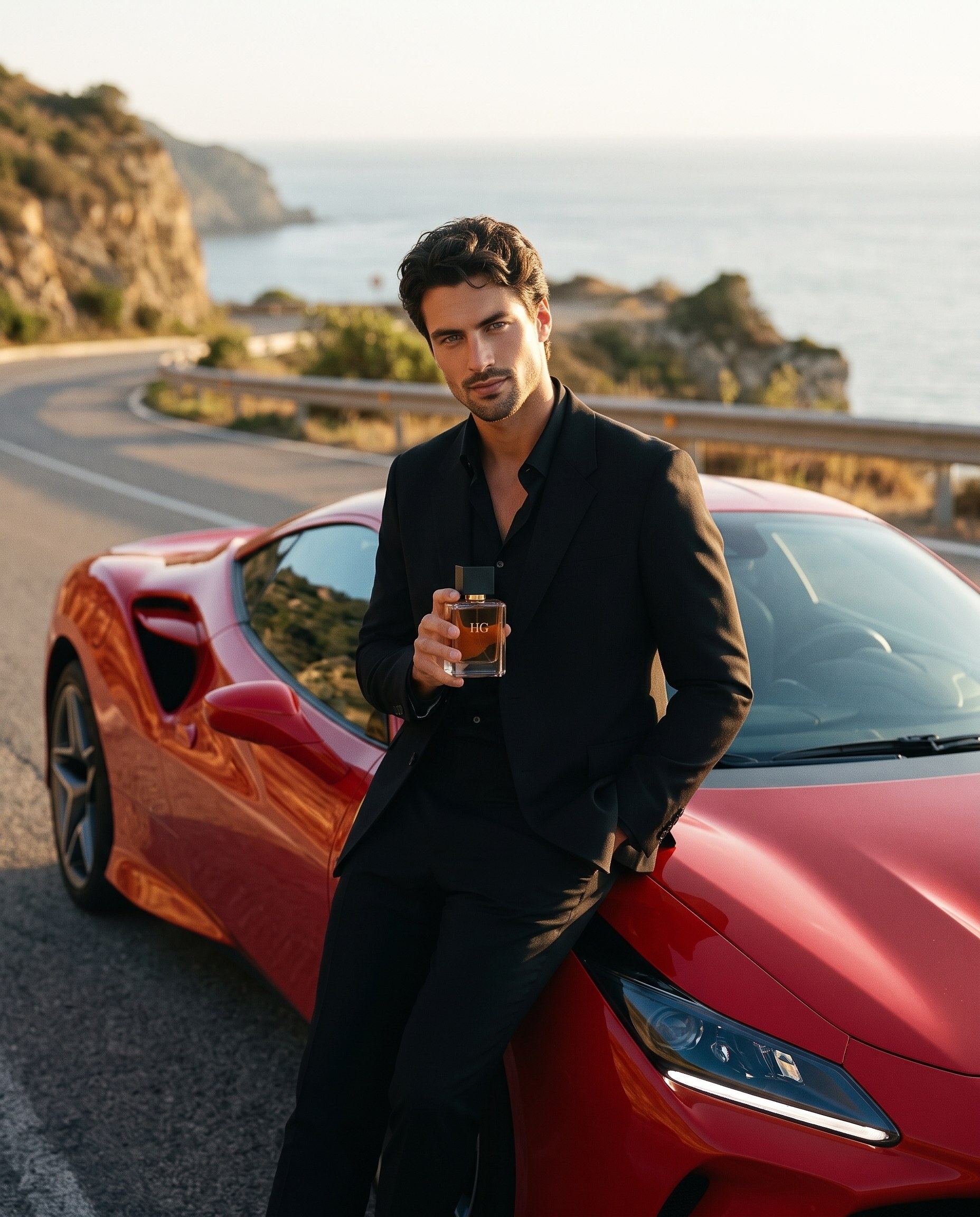 On a coastal road at golden hour, a man in a black suit leans on a red sports car, holding Unforgettable