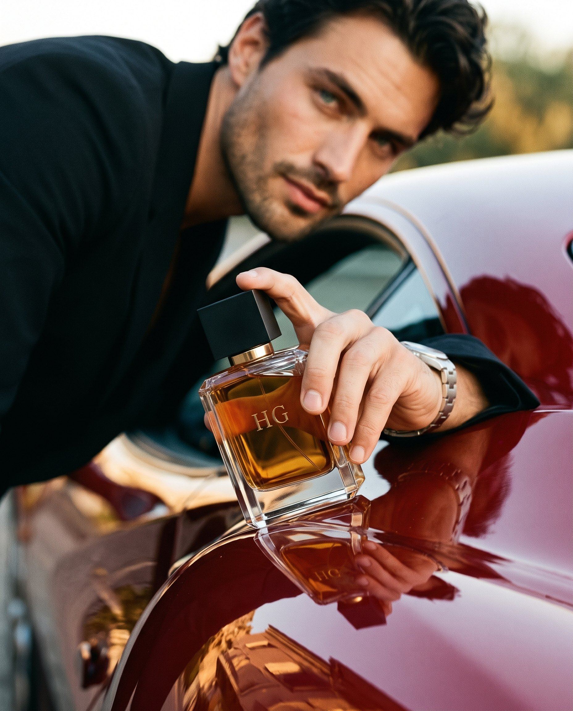 He leans over the red car and sets the bottle on the bodywork, its reflection in the paint