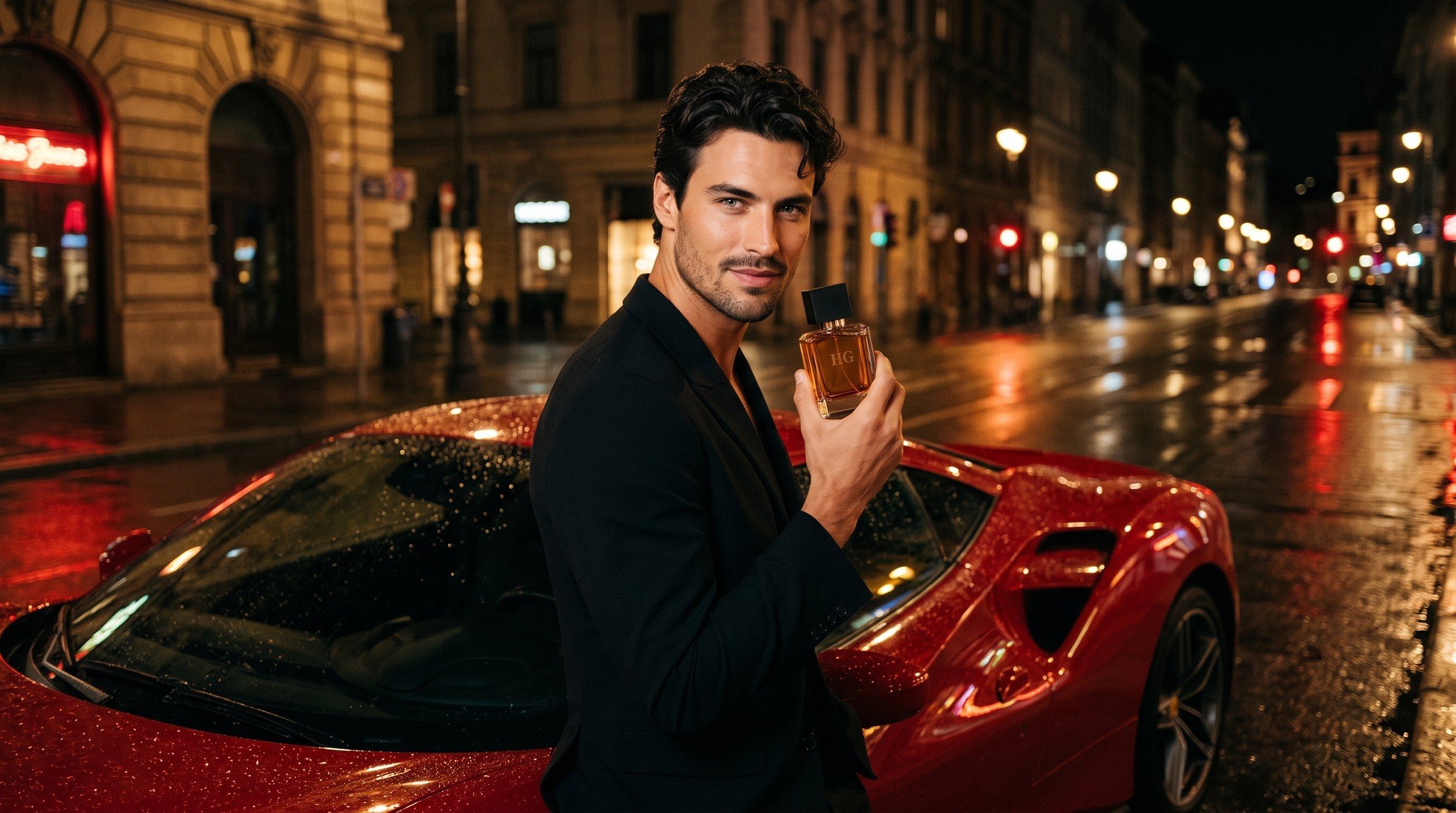 Night in the city: he stands by the red car on a wet street, the bottle in his hand