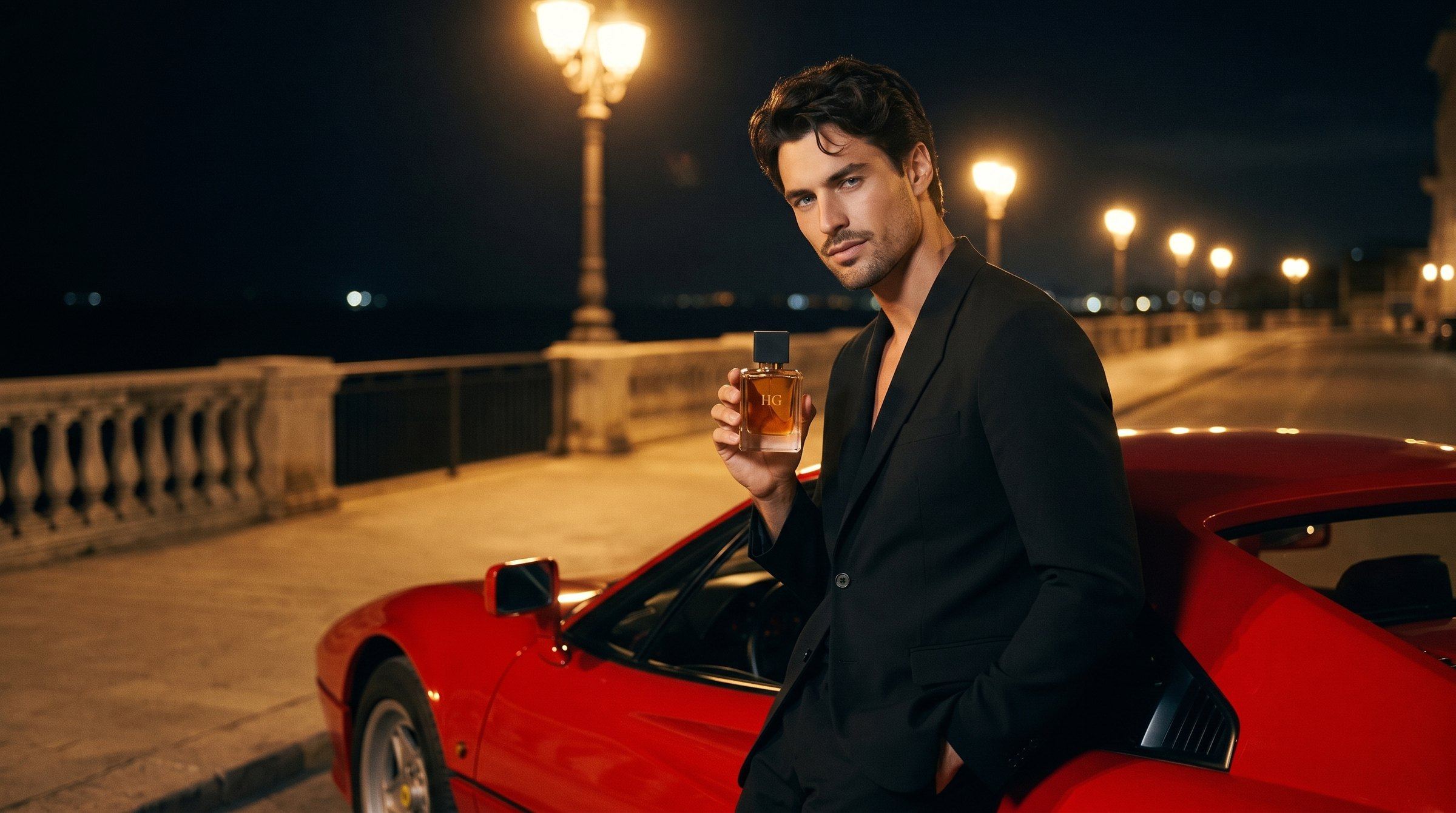 On a seafront promenade lit by lamps he leans on the red car, holding the bottle