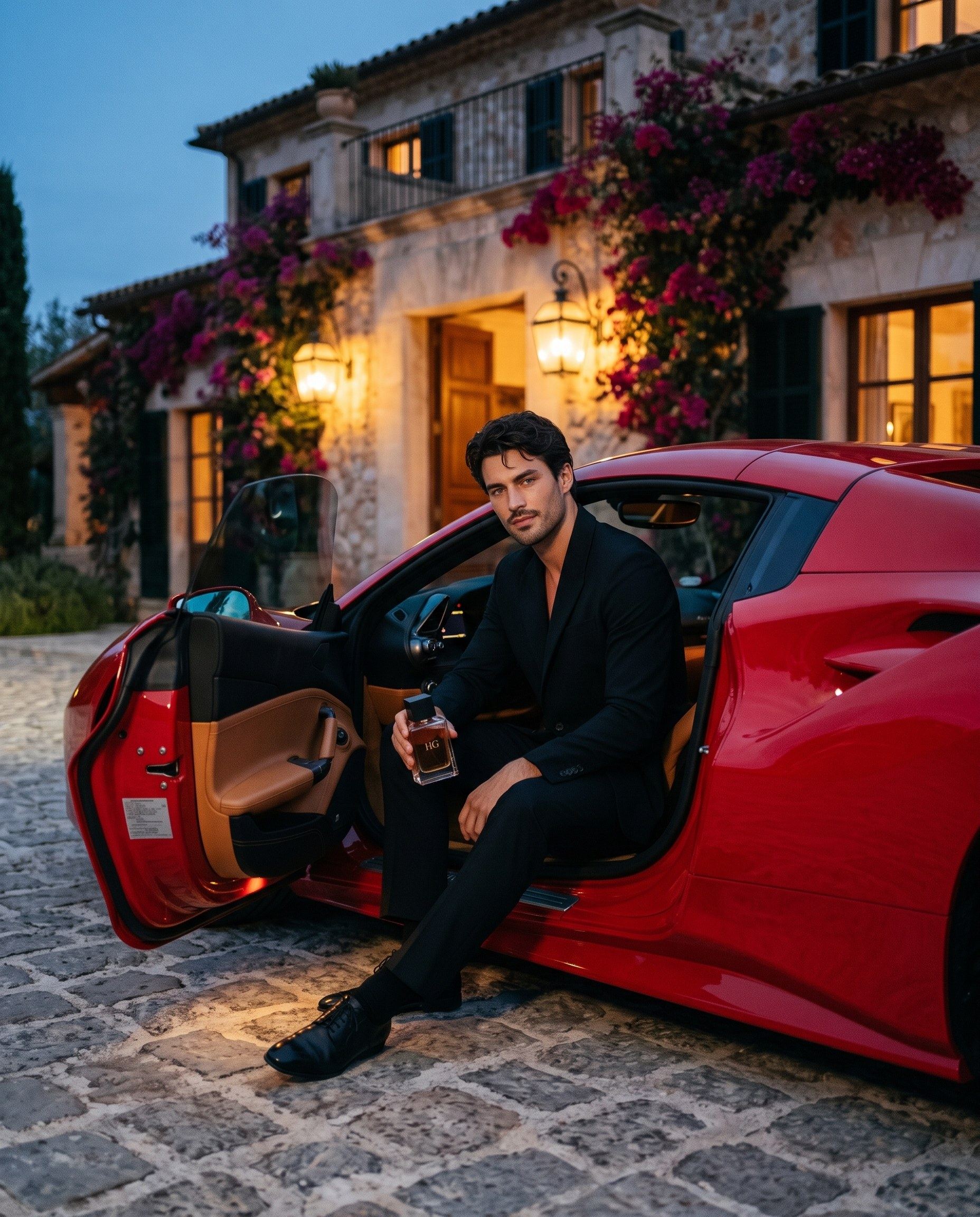 At dusk he sits in the open door of the red car outside a stone villa with bougainvillea, the bottle in his hand