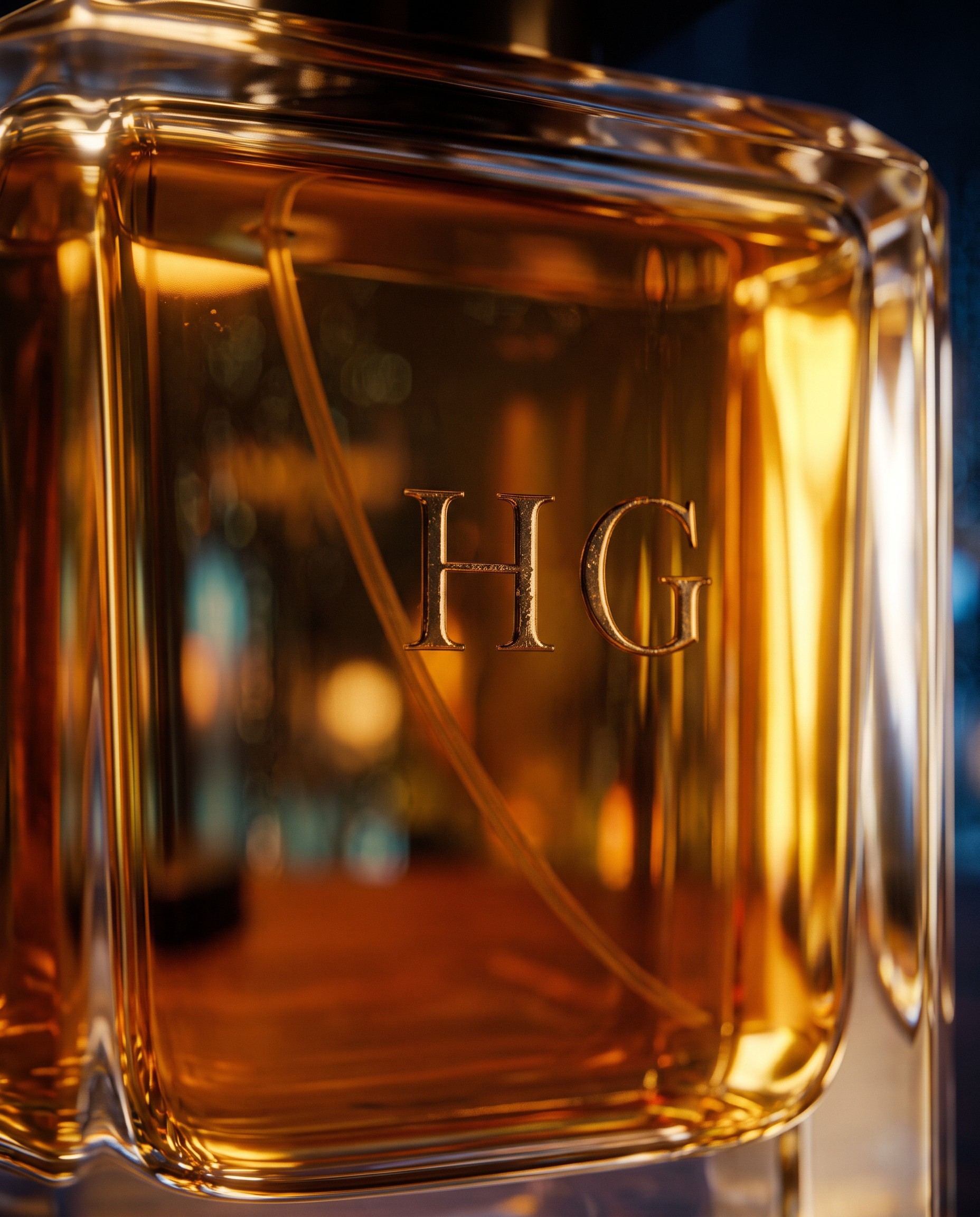 Close detail: the HG monogram engraved in the faceted glass, amber juice behind it