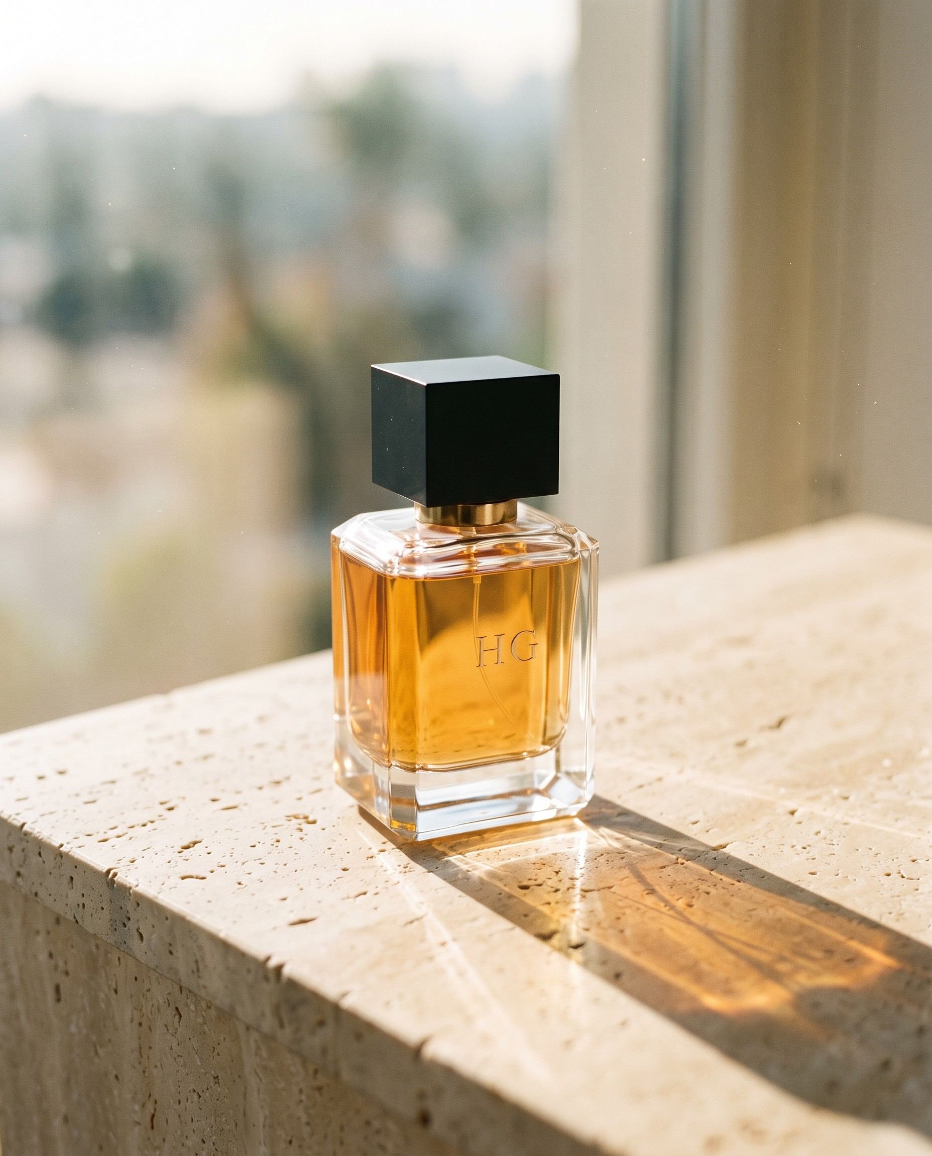 The Unforgettable bottle in morning light on a travertine ledge by a window