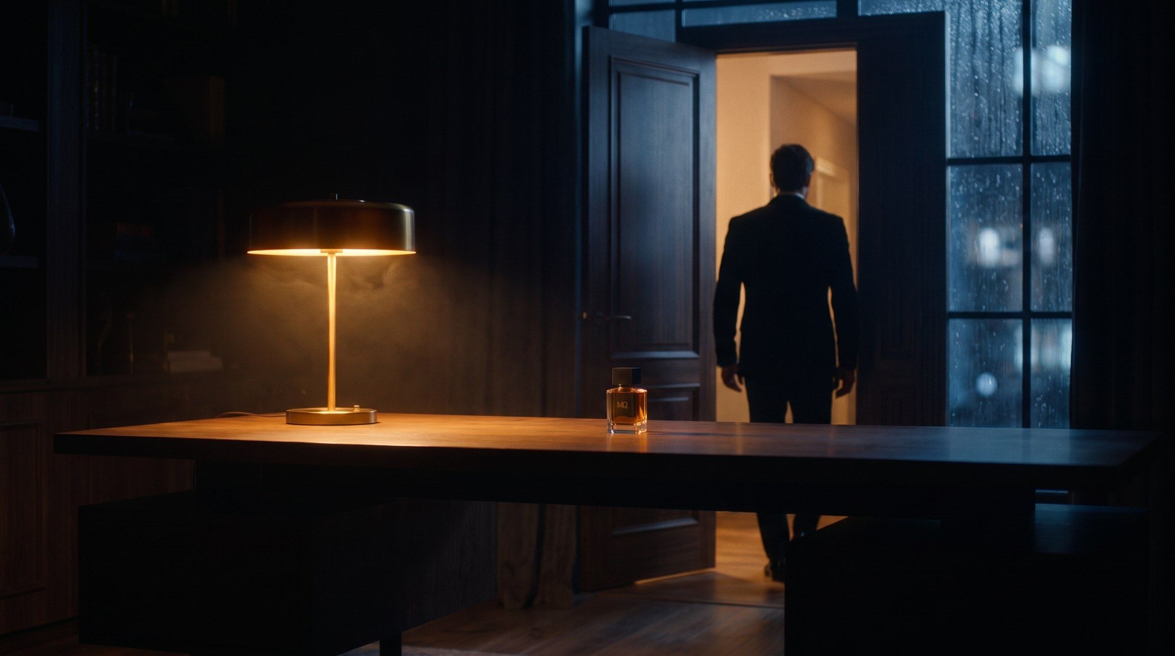 He leaves the study through a lit doorway; the lamp stays on and the bottle stays on the desk