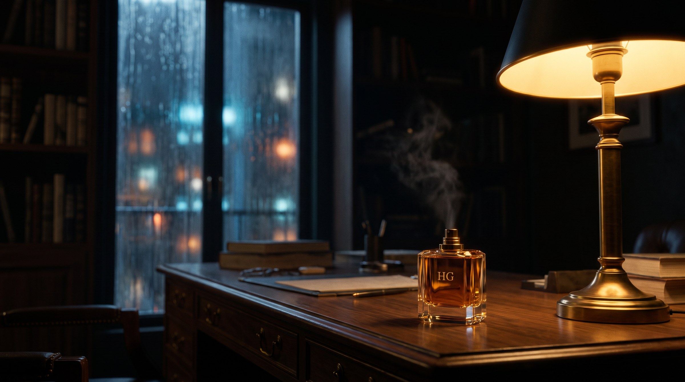 The empty study, mist still hanging in the lamplight