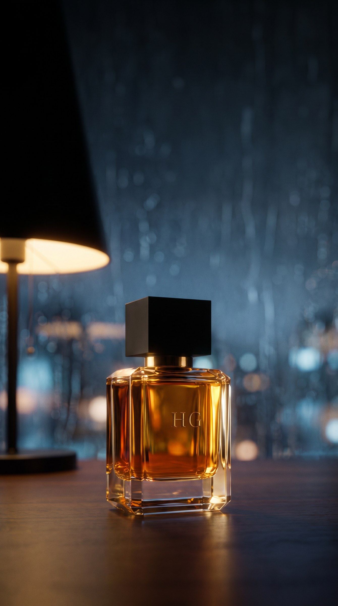 The bottle on a walnut desk under the lamp, rain on the window behind