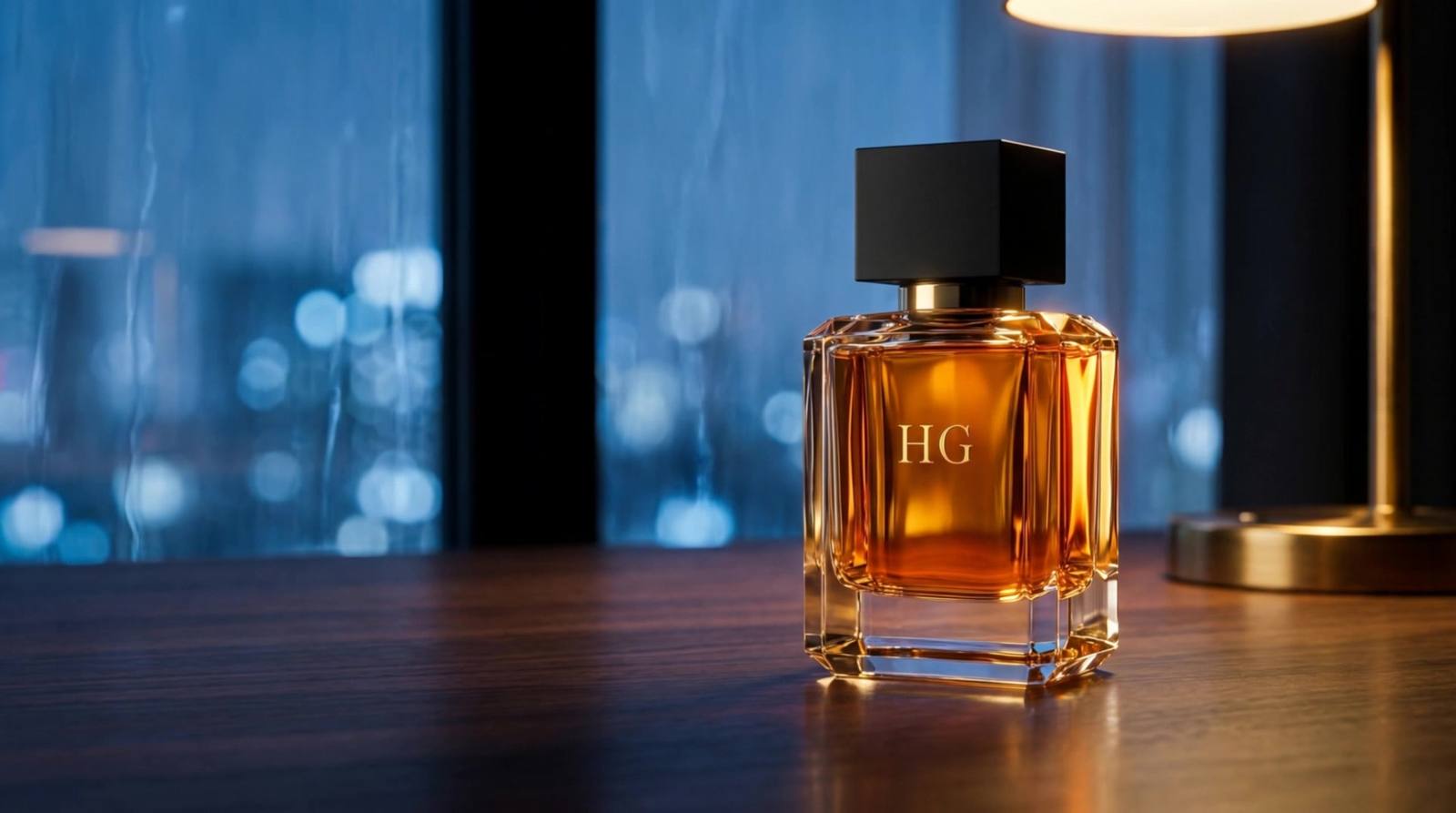 The Unforgettable bottle on a walnut desk at night, a lamp beside it and rain running down the window behind