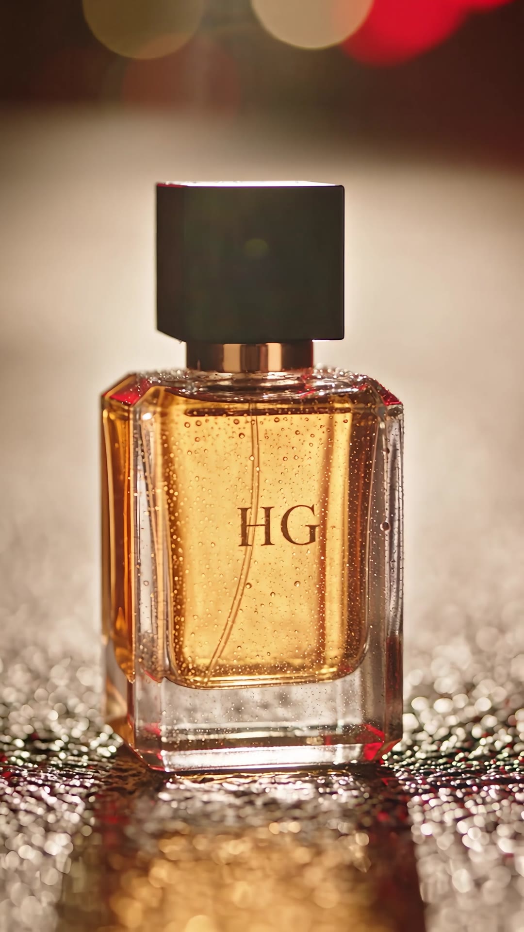 Night on a red-lit street: the HG bottle glowing on wet stone, a man walking toward the camera, then a couple sharing the fragrance