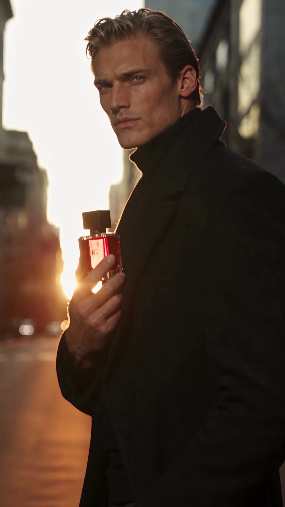 At sunrise a man in a long black coat walks down an empty city street, then holds Nocturne up to the light